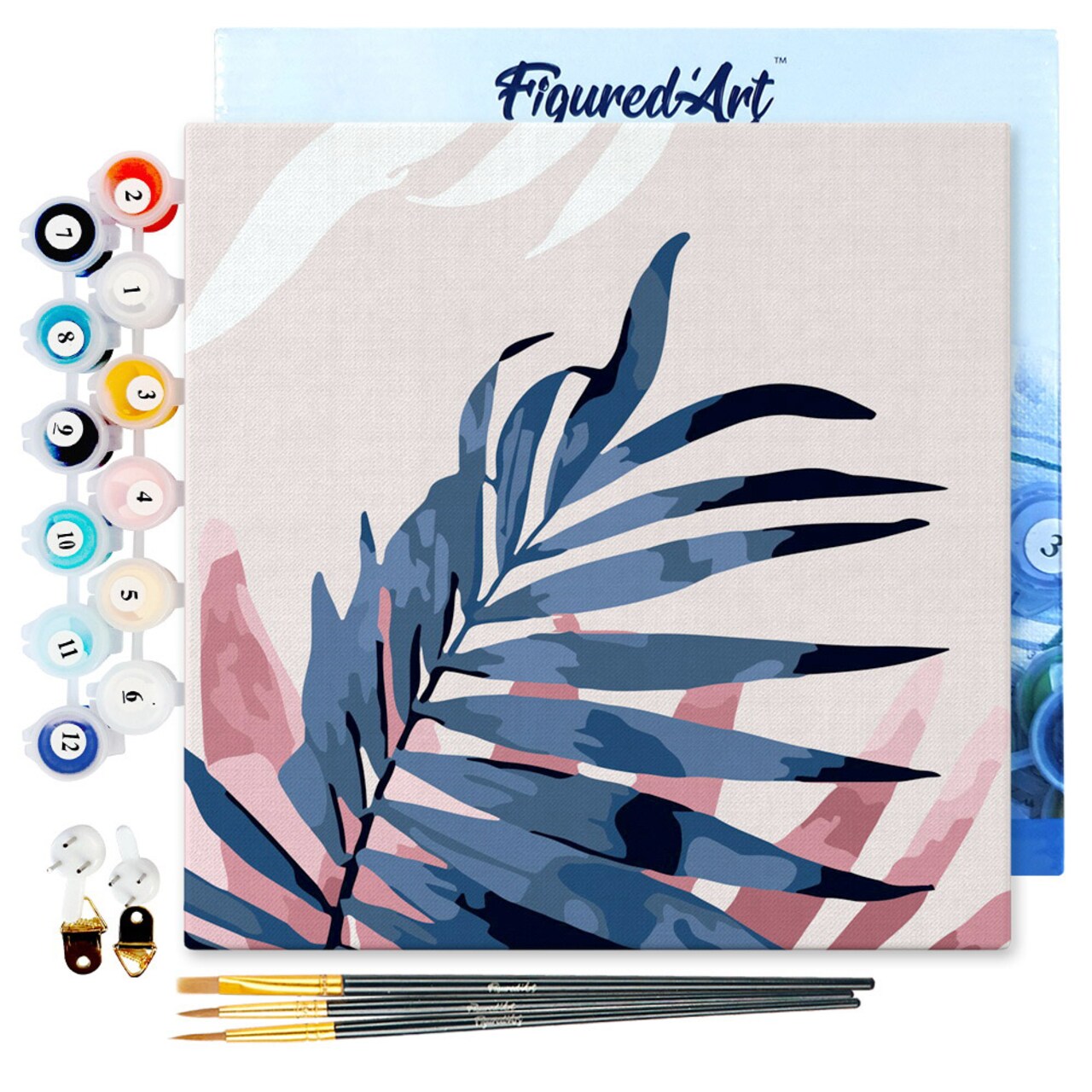 Figured'Art Mini Paint by Numbers Kit for Adults with Frame Abstact Palm Leaves Small format 8"x8" - Craft Art Painting DIY Canvas Already Stretched on a Wooden Frame